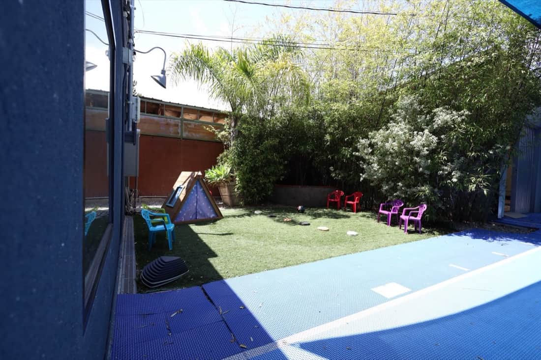 A sunny outdoor play yard with trees and a slide